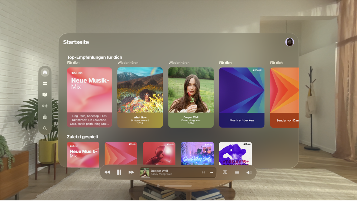Ein Fenster der App „Musik“ auf der Apple Vision Pro mit den Steuerelementen des Players unten im Fenster.
