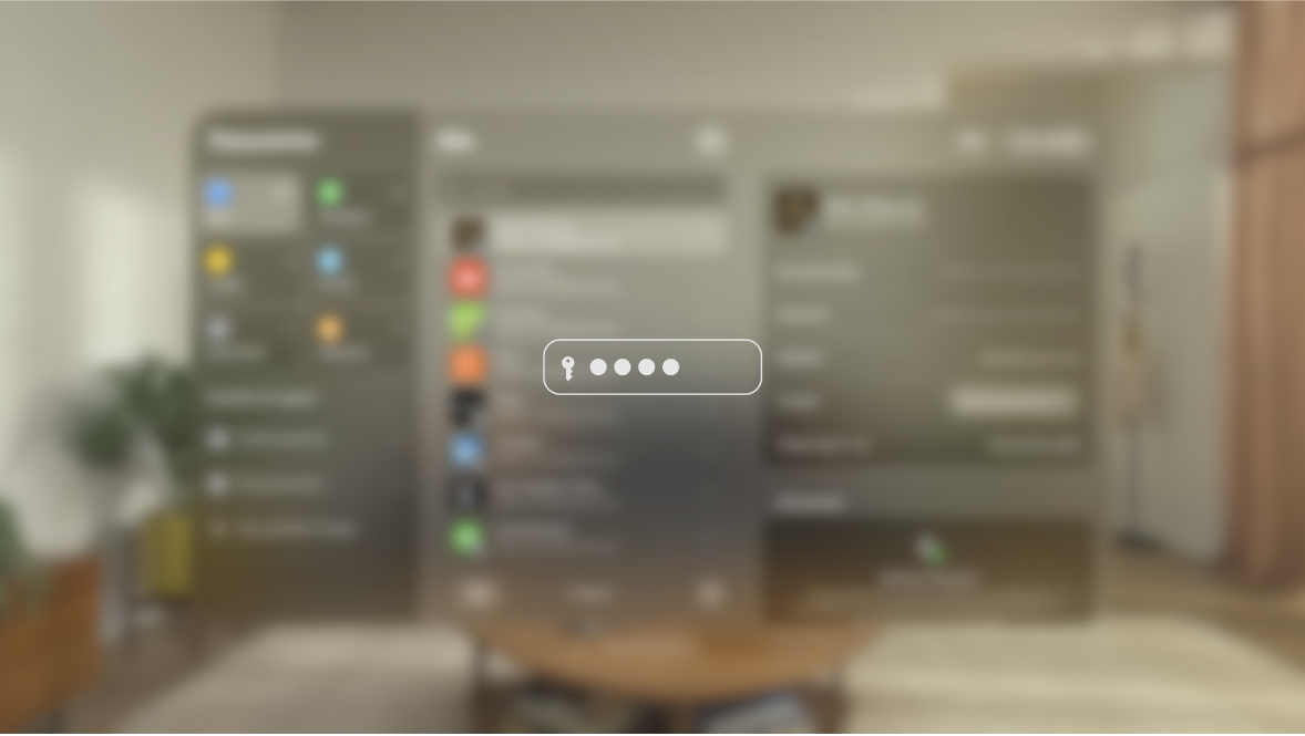 Die Ansicht auf der Apple Vision Pro während der Eingabe eines Passworts, die eine andere Person auf dem synchronisierten Display sieht. Die Ansicht ist verschwommen dargestellt und ein Bild zeigt an, dass die Person, die das Gerät gerade verwendet, ein Passwort eingibt.