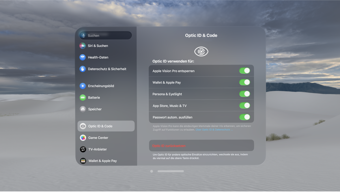 Die Einstellungen für „Optic ID & Code“ auf der Apple Vision Pro mit Optionen zum Verwenden von Optic ID für das Entsperren, für Persona und mehr sowie zum Zurücksetzen von Optic ID.