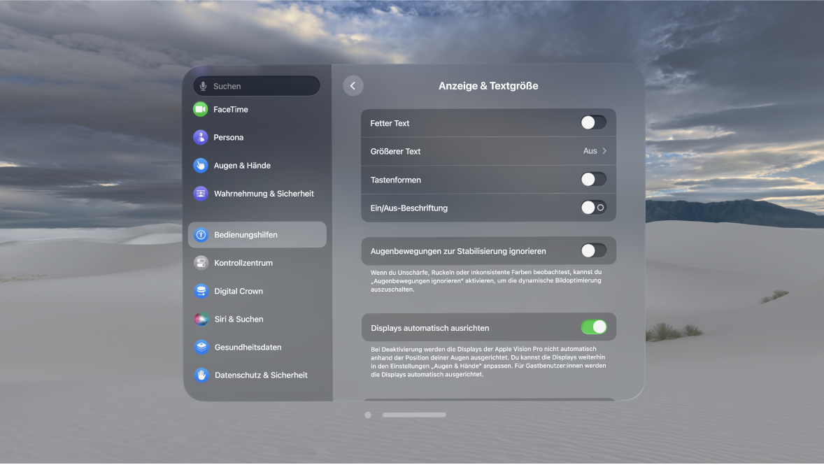 Die Einstellungen „Display & Textgröße“ auf der Apple Vision Pro zeigen die Steuerelemente, um die Optionen „Fetter Text“, „Augenbewegungen ignorieren“, „Fokusstatus erhöhen“ und mehr zu aktivieren.