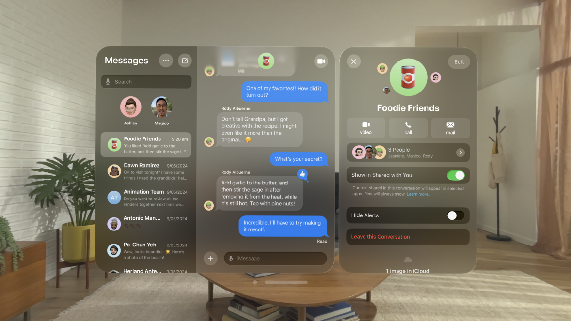 A group conversation in the Messages app on Apple Vision Pro. The group information is also visible on the right, showing the members in the group, an option to leave the group conversation and more.