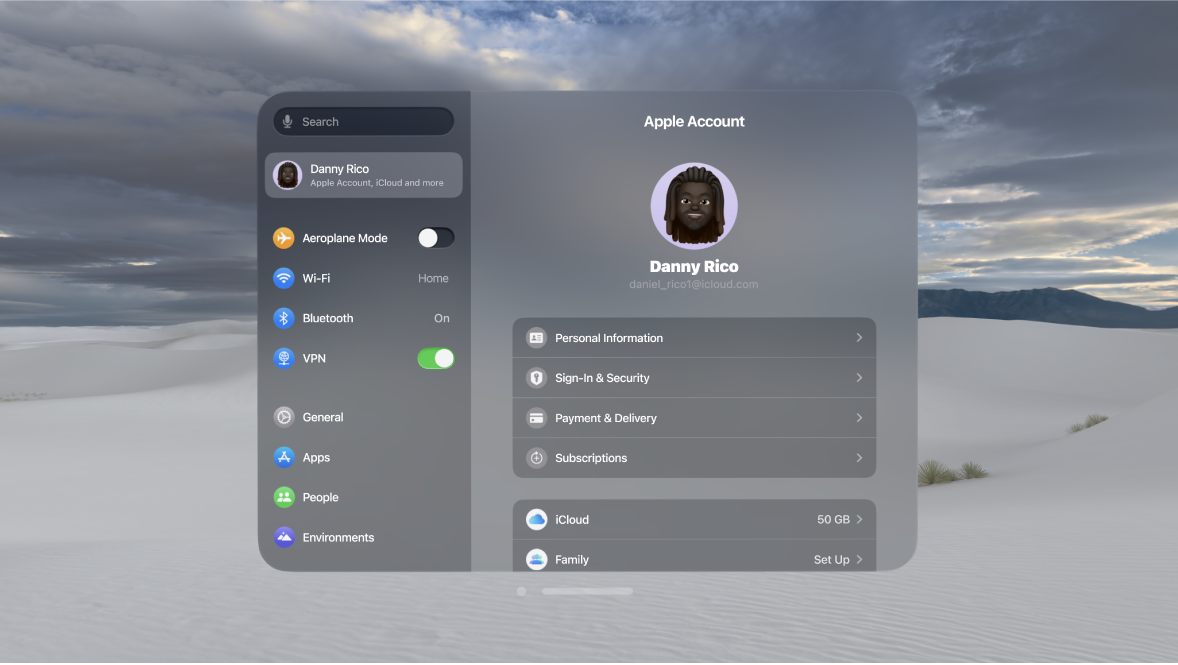 Apple Account settings on Apple Vision Pro, showing settings for Sign-in & Security, Subscriptions, iCloud and more.