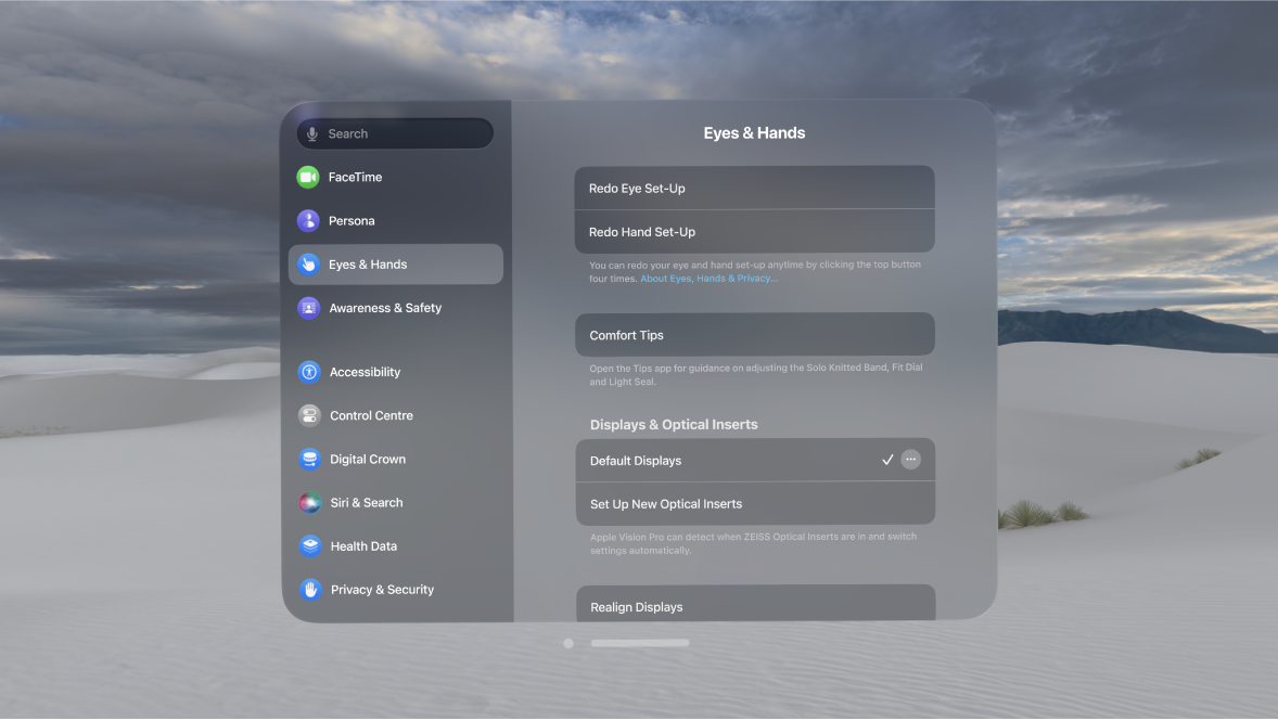 Eyes & Hands settings, with options to redo eye and hand set-up, change Hand Input settings and more.