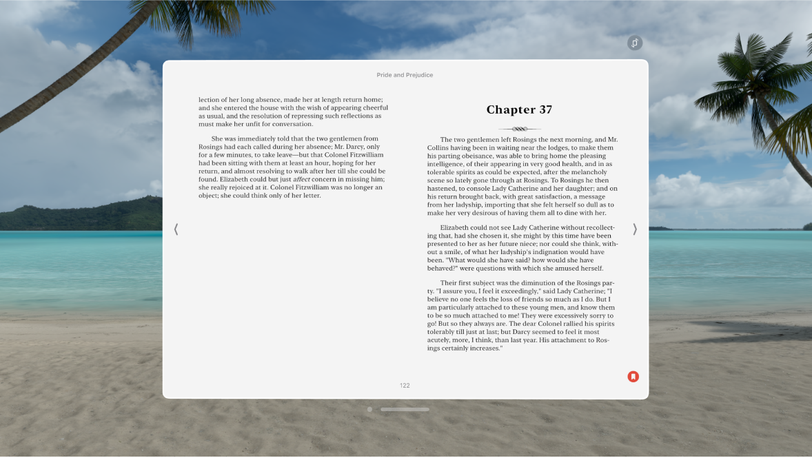 The Books app on Apple Vision Pro, with a book open and appearance settings visible at the bottom right.