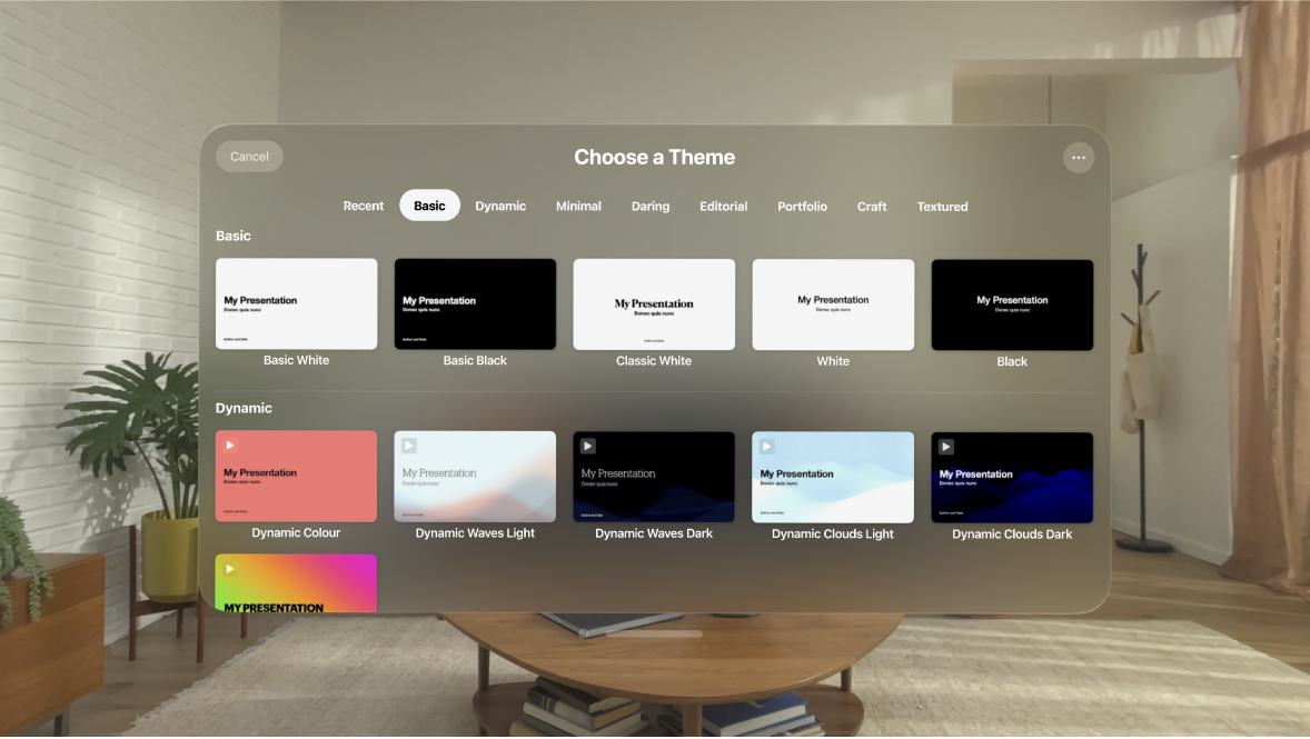 The Keynote app on Apple Vision Pro, showing the Theme Chooser and a selection of themes.