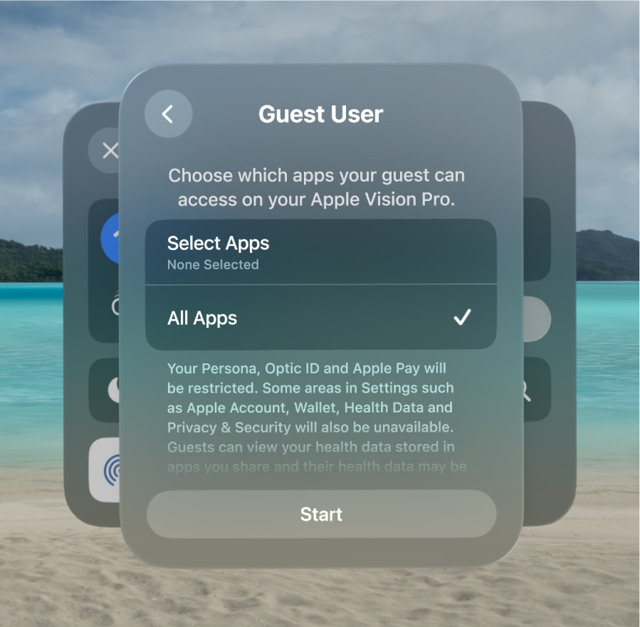 Guest User settings on Apple Vision Pro, with options to change which apps the guest can access.