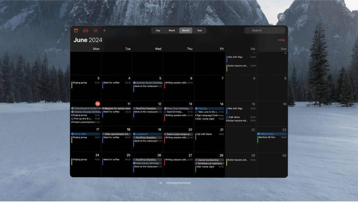 The Calendar app on Apple Vision Pro, showing a month of events.