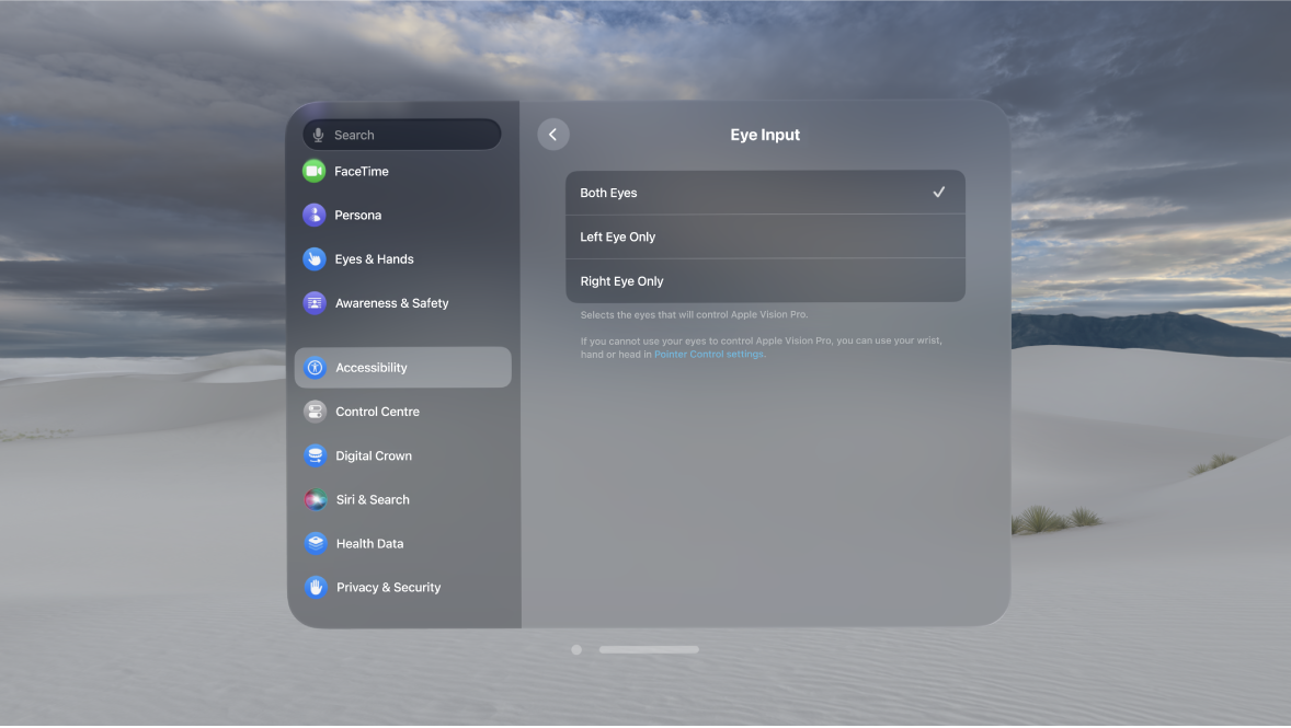 Eye Input settings on Apple Vision Pro, showing options to change which eyes to use to control your device.