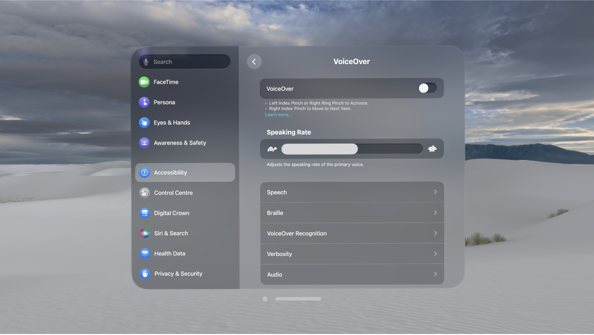 VoiceOver settings on Apple Vision Pro, showing settings for speaking rate, braille, verbosity and more.