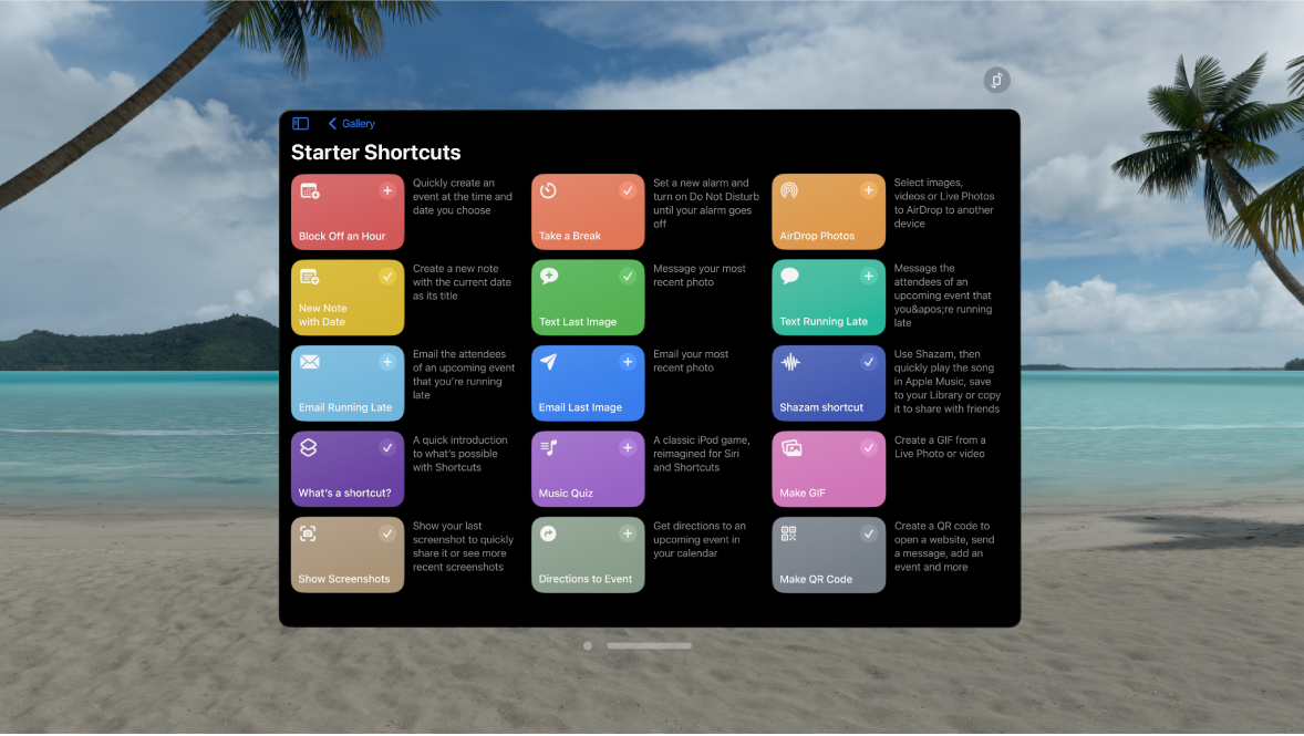 The Shortcuts app on Apple Vision Pro, showing the gallery of pre-made shortcuts.