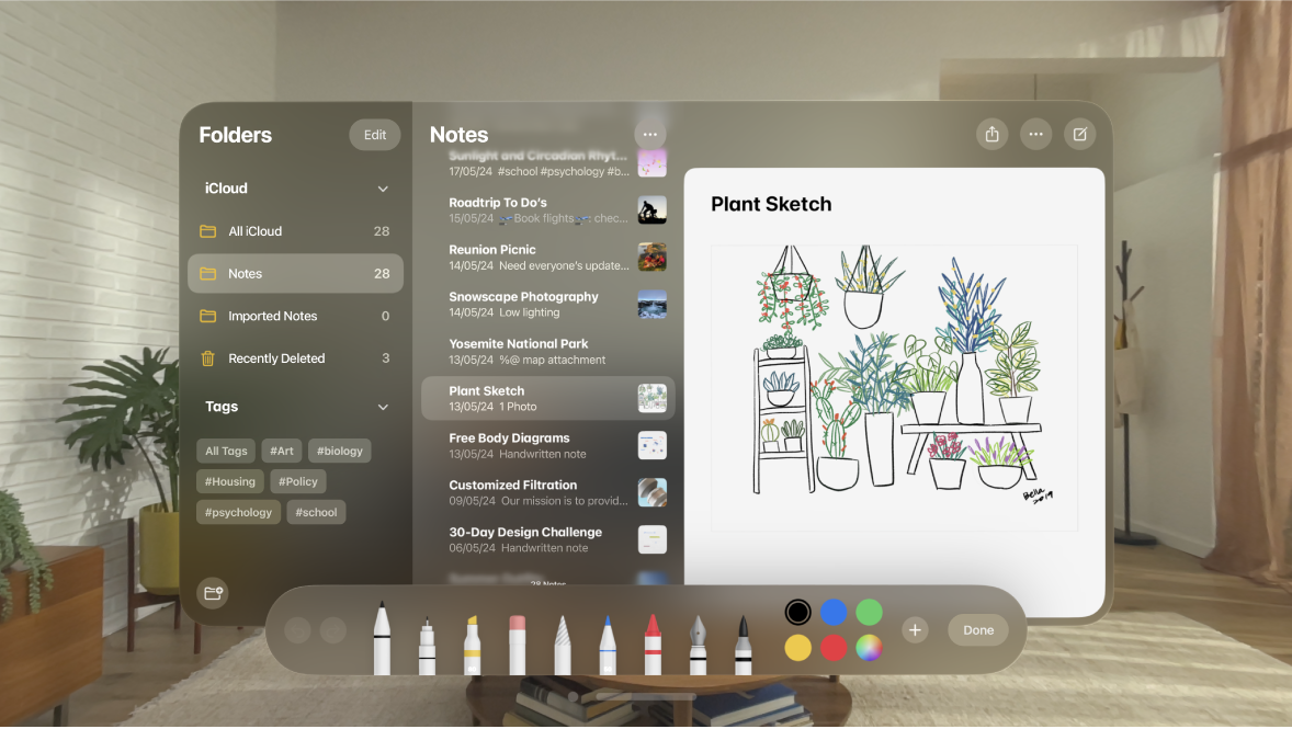 The Notes app on Apple Vision Pro, showing the drawing toolbar.