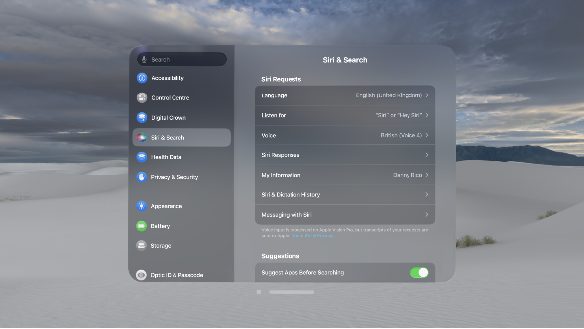 Siri Accessibility settings on Apple Vision Pro, where you can turn on Type to Siri, change the Siri pause time and choose whether spoken responses are preferred.