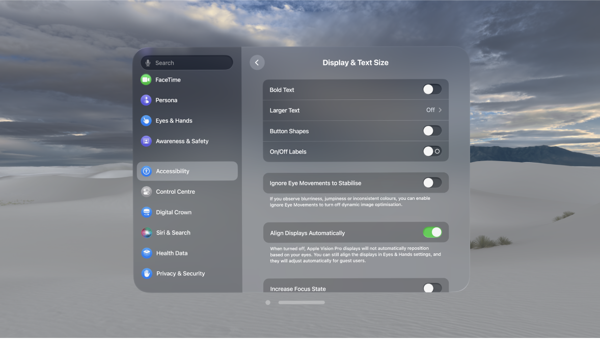 Display & Text Size settings on Apple Vision Pro, showing controls to turn on Bold Text, Ignore Eye Movements, Increase Focus State and more.