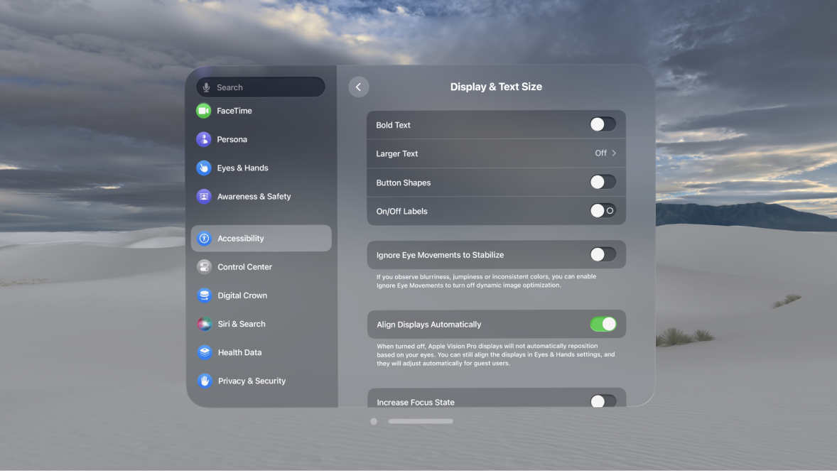 Display & Text Size settings on Apple Vision Pro, showing controls to turn on Bold Text, Ignore Eye Movements, Increase Focus State, and more.