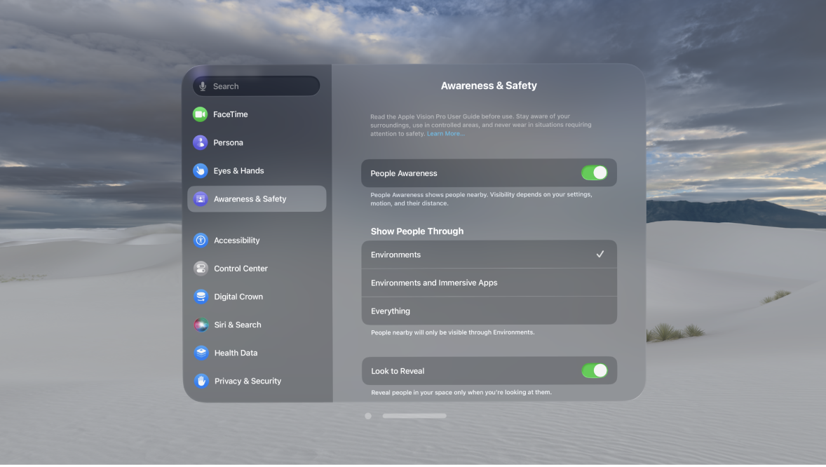 People Awareness settings on Apple Vision Pro, where you can turn People Awareness on or off, change when people are shown, turn Look to Reveal on or off, and delete your personalized EyeSight.