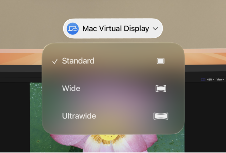 visionOS showing Mac Virtual Display aspect ratio options.