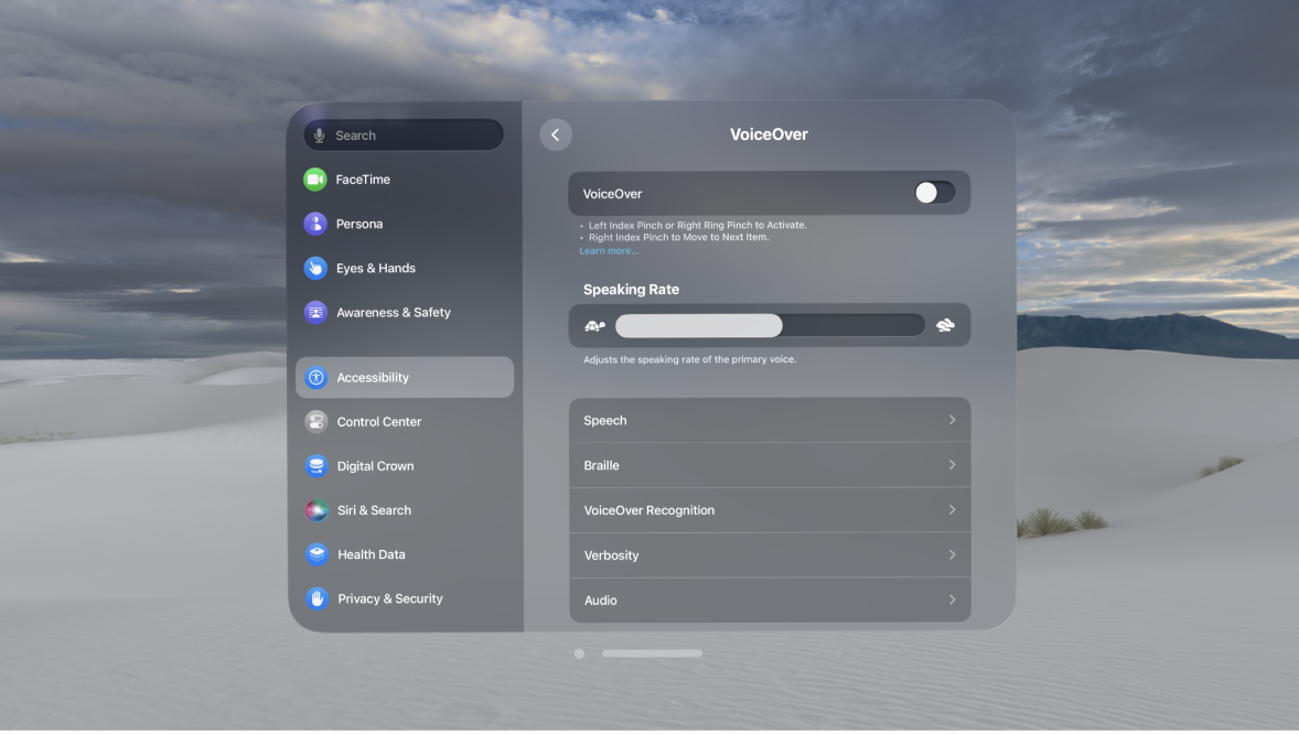 VoiceOver settings on Apple Vision Pro, showing settings for speaking rate, braille, verbosity, and more.