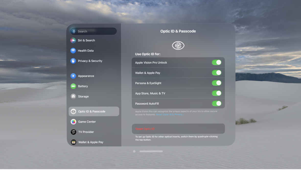 Optic ID & Passcode settings on Apple Vision Pro, showing options to use Optic ID for unlock, Persona, and more; and to Reset Optic ID.