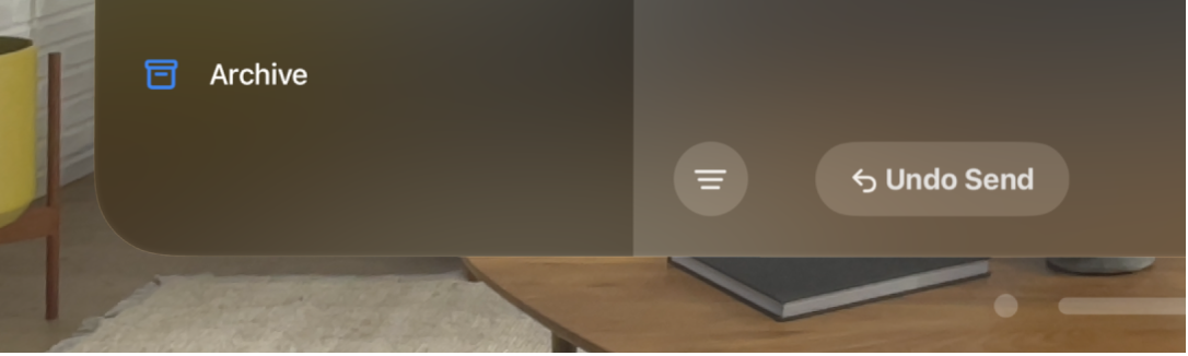 A close-up view of the Undo Send option at the bottom of an email inbox in the Mail app on Apple Vision Pro.