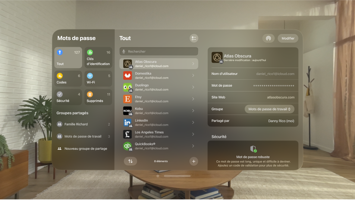 L’app Mots de passe sur l’Apple Vision Pro. Les comptes sont présentés dans l’ordre alphabétique et les informations d’un compte apparaissent sur la droite.