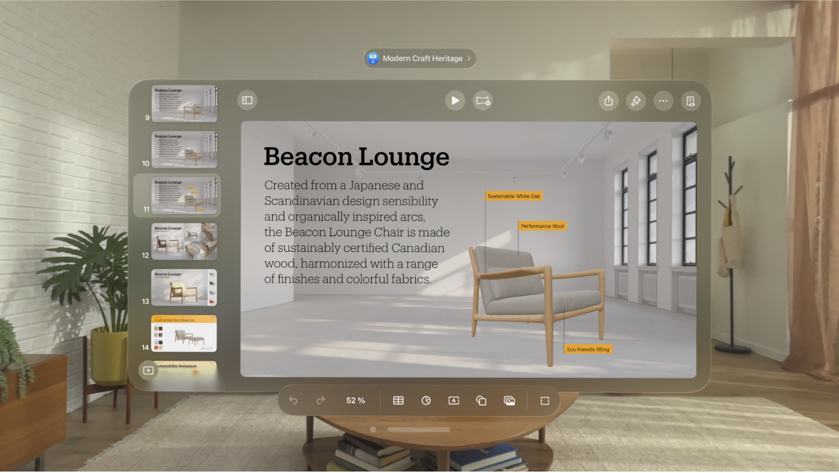 L’app Keynote sur Apple Vision Pro affiche une présentation ouverte en affichage de modification au-dessus de la barre d’outils.