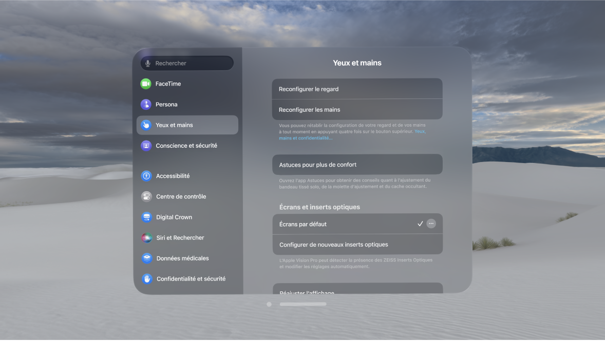 Réglage Yeux et mains, avec les options pour reconfigurer le regard et les mains, modifier les réglages Saisie manuelle, etc.