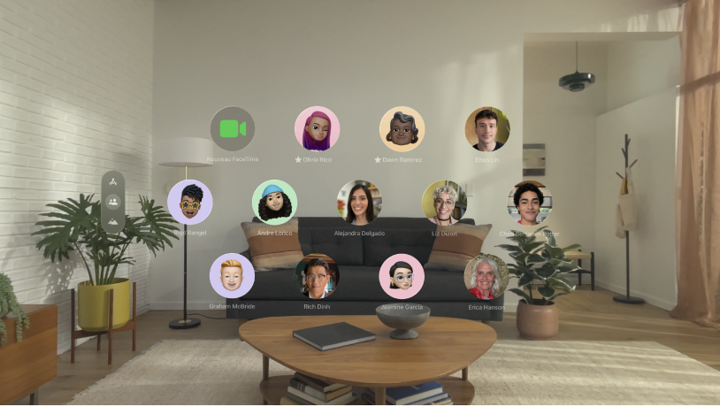 Vue Personnes sur l’Apple Vision Pro, affichant une liste de contacts et l’option pour lancer un appel FaceTime. Deux contacts sont épinglés.