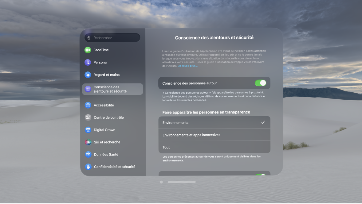 Réglages « Conscience des personnes autour » sur l’Apple Vision Pro, dans lesquels vous pouvez activer ou désactiver « Conscience des personnes autour », modifier l’apparition des personnes, activer ou désactiver « Regarder pour faire apparaître » et supprimer votre EyeSight personnalisé.