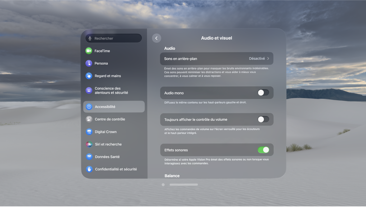 Les réglages Audio et visuel sur l’Apple Vision Pro, avec l’option « Effets sonores » activée.