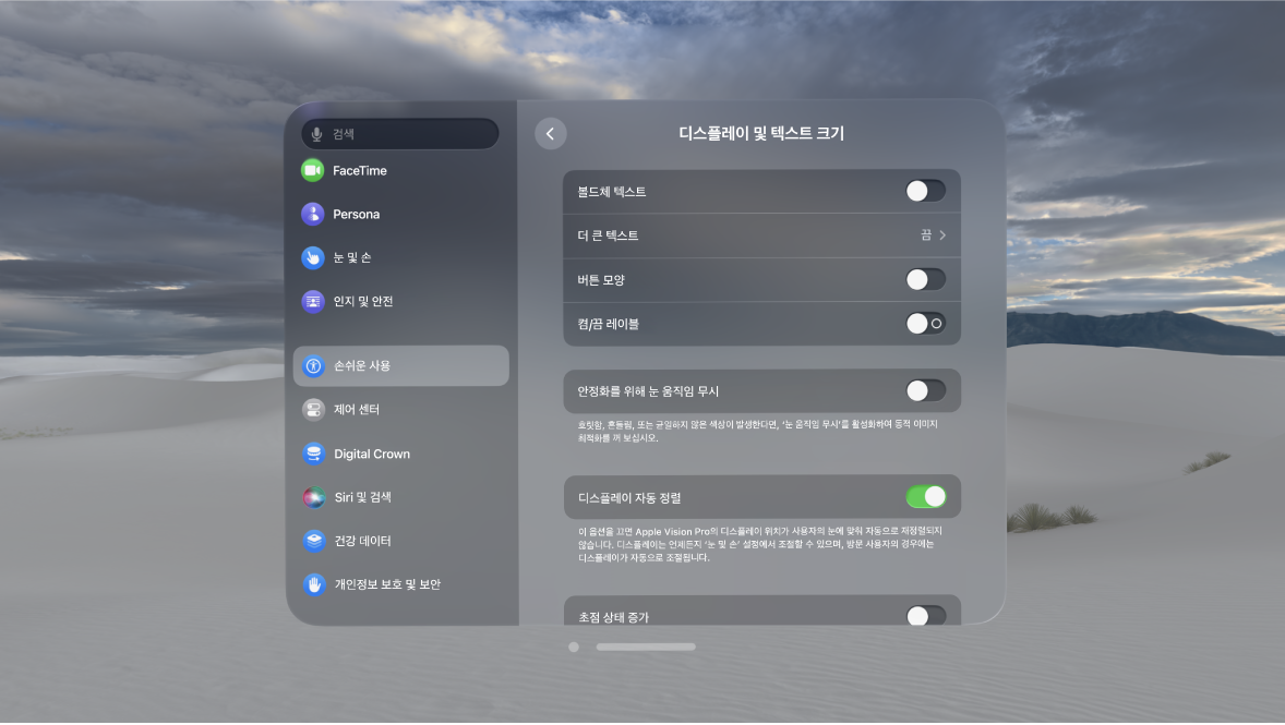 Apple Vision Pro의 디스플레이 및 텍스트 크기 설정. 볼드체 텍스트, 눈 움직임 무시, 초점 상태 증가 등을 켤 수 있는 제어기가 표시됨.