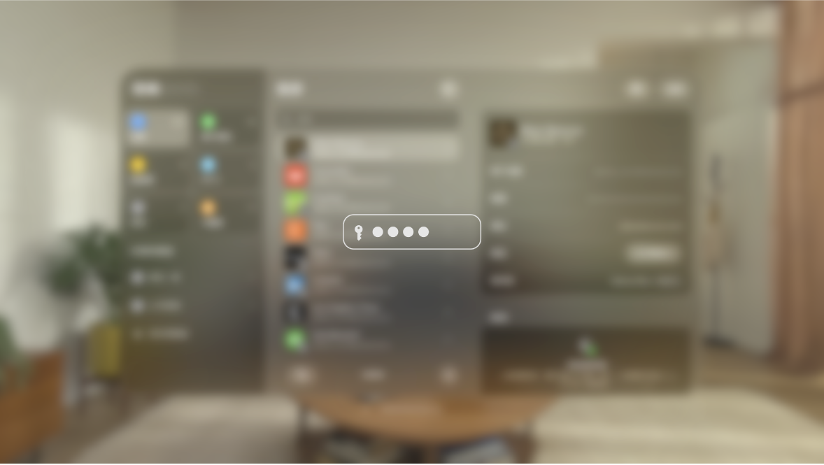 在輸入密碼時，其他人在鏡像輸出顯示器上看到的 Apple Vision Pro 視野。視野會變得模糊，有一個影像表示用户正在輸入密碼。