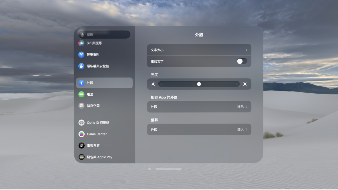 Apple Vision Pro 上的「外觀」設定，顯示「文字大小」、「亮度」、「相容 App 的外觀」。