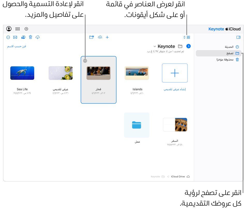 يعرض مدير المستندات في طريقة عرض عروض Keynote التقديمية كأيقونات في شبكة. يظهر زر المزيد (ثلاث نقاط) في الزاوية العلوية اليسرى من العرض التقديمي المحدد. تظهر قائمة منبثقة أعلى العروض التقديمية على الجانب الأيمن من شريط الأدوات يمكنك أن تختار منها عرض العناصر كأيقونات أو في قائمة. تظهر أزرار في الجانب الأيسر لشريط الأدوات للتنزيل أو التعاون أو إرسال بريد إلكتروني أو الحذف.