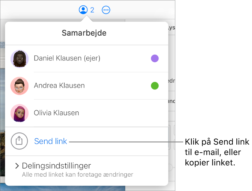 Menuen Samarbejde er åben med muligheden Send link under deltagerlisten.