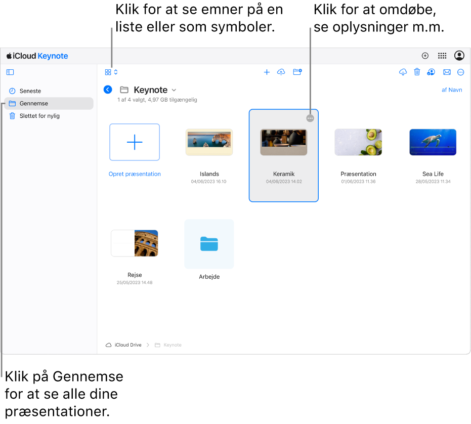 Dokumentadministrationen i oversigten til gennemsyn, der viser Keynote-præsentationer som symboler eller i et net. Knappen Mere (tre prikker) vises i øverste højre hjørne af den valgte præsentation. Over præsentationerne er der i venstre side af værktøjslinjen en lokalmenu, hvor du kan vælge at se emner som symboler eller på en liste. I højre side af værktøjslinjen er der knapper til at hente, samarbejde, e-maile eller slette.