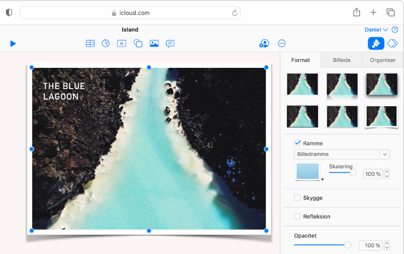 Det valgte billede på lysbilledet har en kant til billedrammen, og fanen Format i indholdsoversigten Format er åben med Billedramme valgt på rammemenuen.