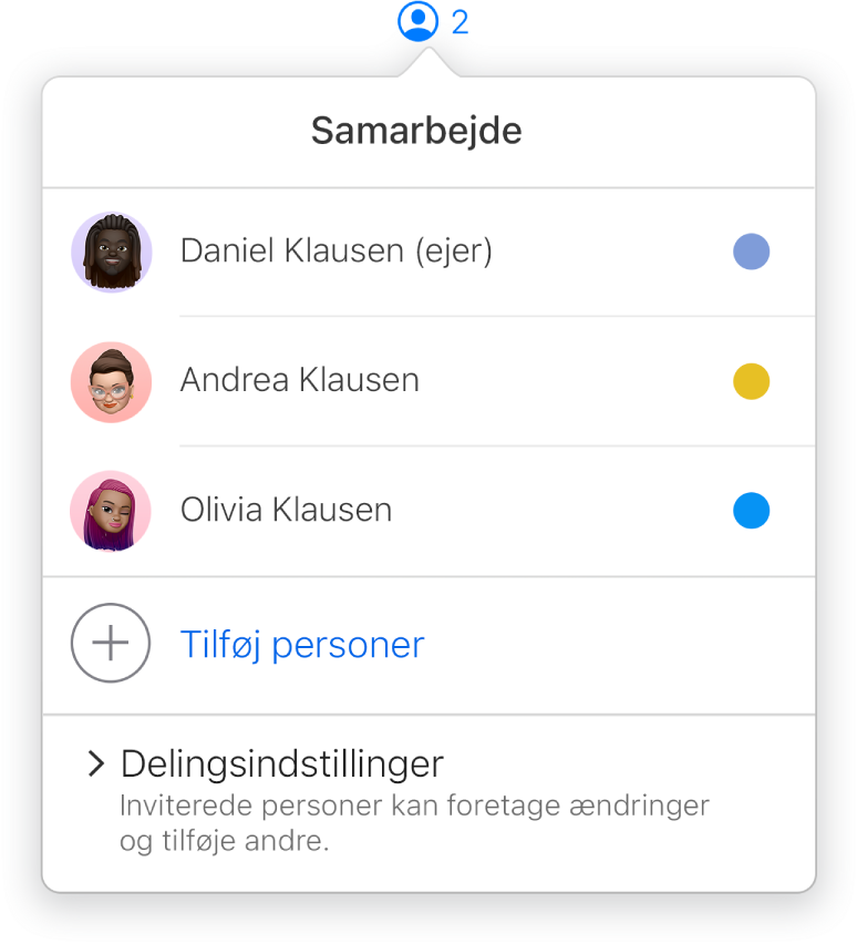 Menuen Samarbejde, der viser navnene på de personer, der samarbejder om præsentationen. Under navnene vises delingsindstillinger.