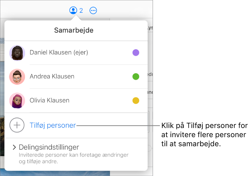 Menuen Samarbejde er åben med muligheden Tilføj personer under deltagerlisten.