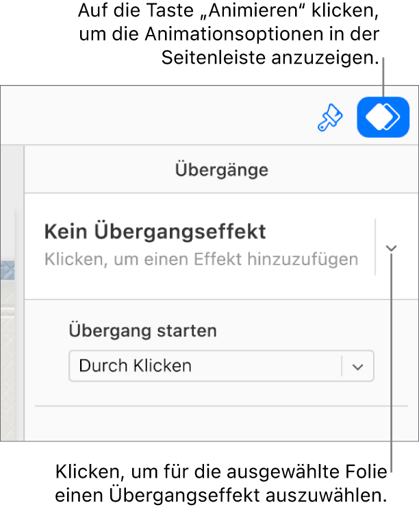 Die Animationstaste ist in der Symbolleiste ausgewählt und „Kein Aufbaueffekt“ wird im Einblendmenü „Übergänge“ in der Seitenleiste angezeigt.