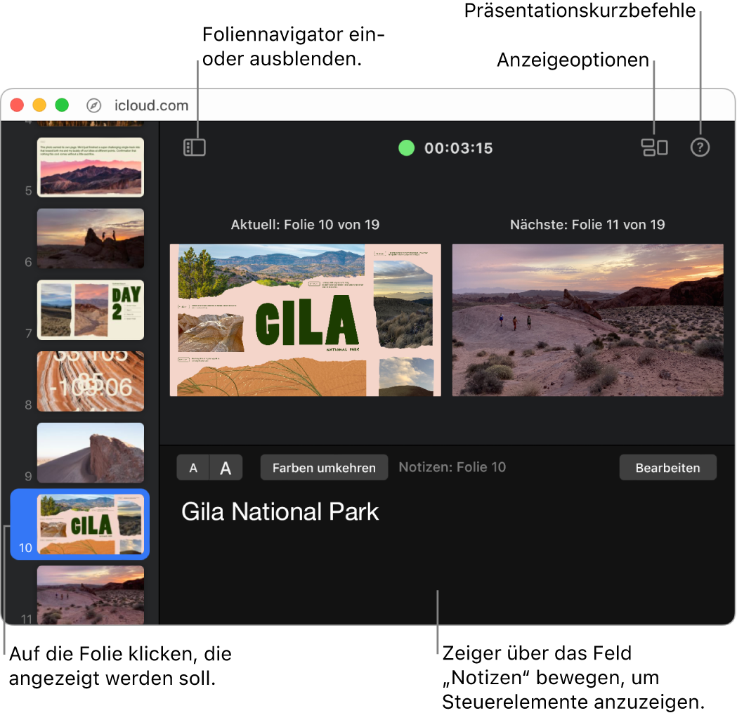 Der Moderatormonitor ist geöffnet und zeigt oben am Fenster entlang Tasten zum Öffnen und Schließen des Foliennavigators, Anzeigeoptionen und Präsentationskurzbefehle an. Die aktuelle und die nächste Folie erscheinen in der Mitte und unter den Folien zeigt das Feld für die Moderatornotizen die Notizen für die aktuelle Folie an. Entlang der linken Bildschirmseite befindet sich der Foliennavigator.