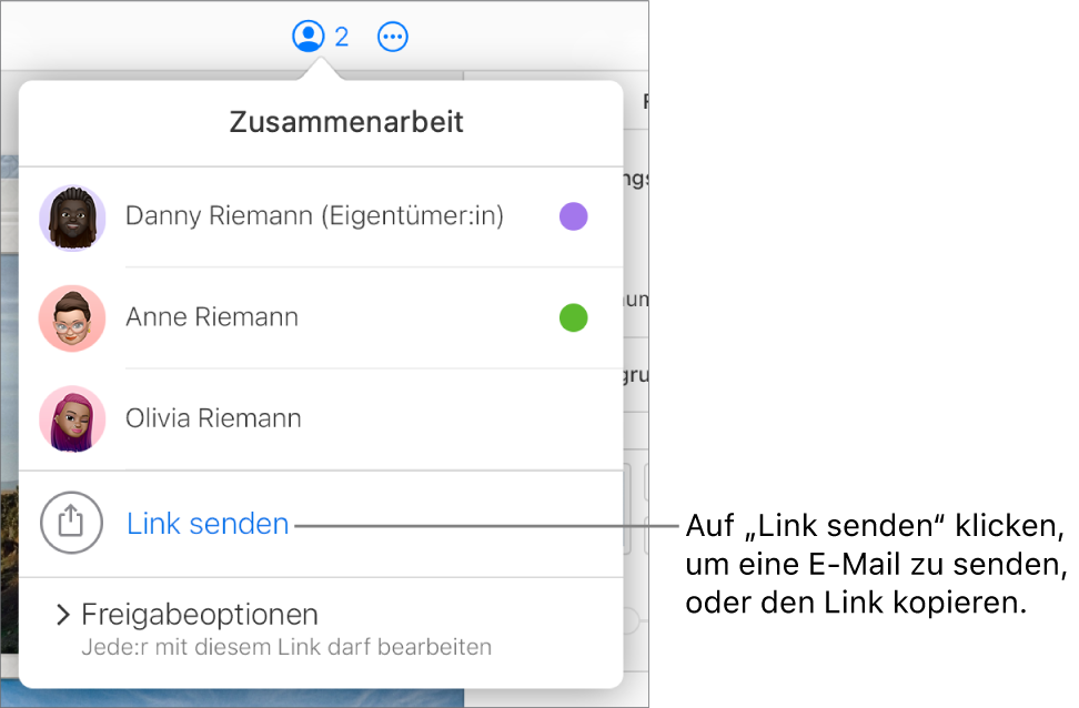 Das Menü „Zusammenarbeit“ ist geöffnet, mit einer Option „Link senden“ unter der Teilnehmerliste.