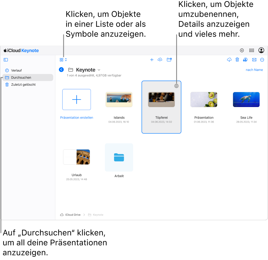 Der Dokumentenmanager in der Darstellung zum Durchsuchen zeigt Keynote-Präsentationen als Symbole in einem Raster an. Die Taste „Mehr“ (drei Punkte) ist in der oberen rechten Ecke der ausgewählten Präsentation sichtbar. Über den Präsentationen zeigt die Symbolleiste auf der linken Seite ein Einblendmenü, aus dem du wählen kannst, ob Objekte als Symbole oder in einer Liste angezeigt werden. Auf der rechten Seite der Symbolleiste befinden sich Tasten zum Herunterladen, Zusammenarbeiten, Mailen oder Löschen.
