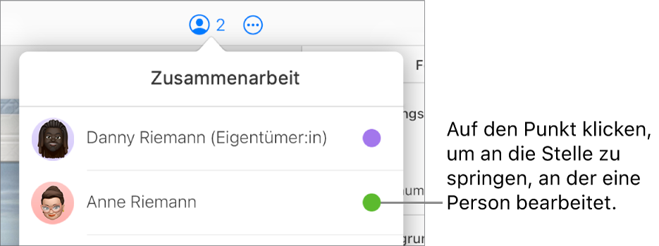 Das Menü „Zusammenarbeit“ ist geöffnet, mit zwei Teilnehmern und einem andersfarbigen Punkt rechts neben jedem Namen.