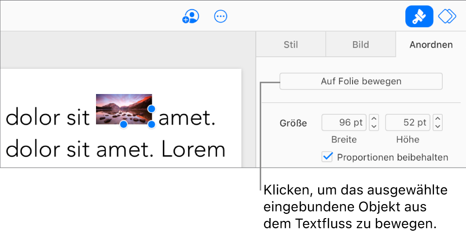 Ein eingebundenes Bild in einem Textfeld ist ausgewählt und eine Taste „Auf Folie bewegen“ wird im Tab „Anordnen“ in der Seitenleiste angezeigt.