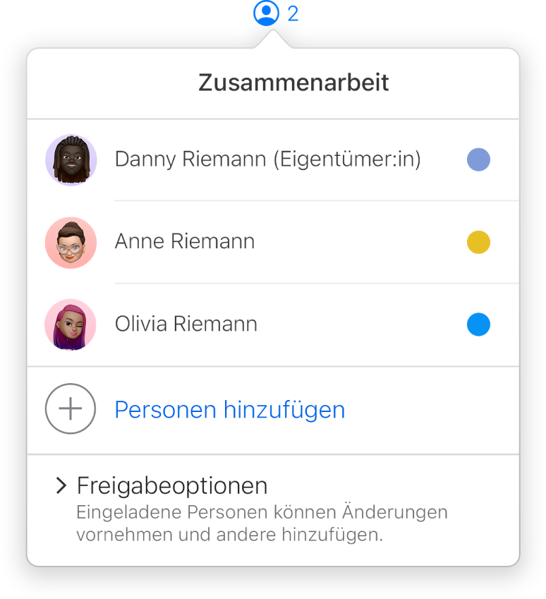Das Menü für die Zusammenarbeit mit den Namen von Personen, die gemeinsam eine Präsentation bearbeiten. Optionen zum Teilen befinden sich unter den Namen.