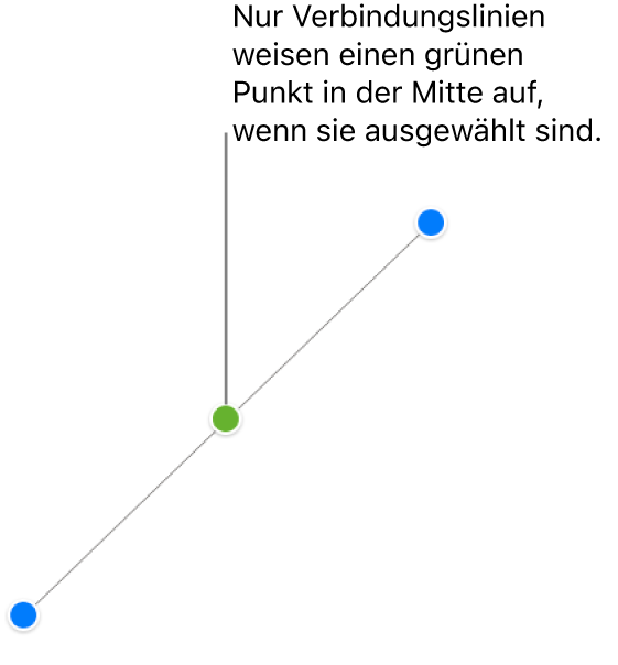 Es ist eine gerade Verbindungslinie ausgewählt. Es erscheinen blaue Aktivpunkte an den Enden und ein grüner Punkt in der Mitte.