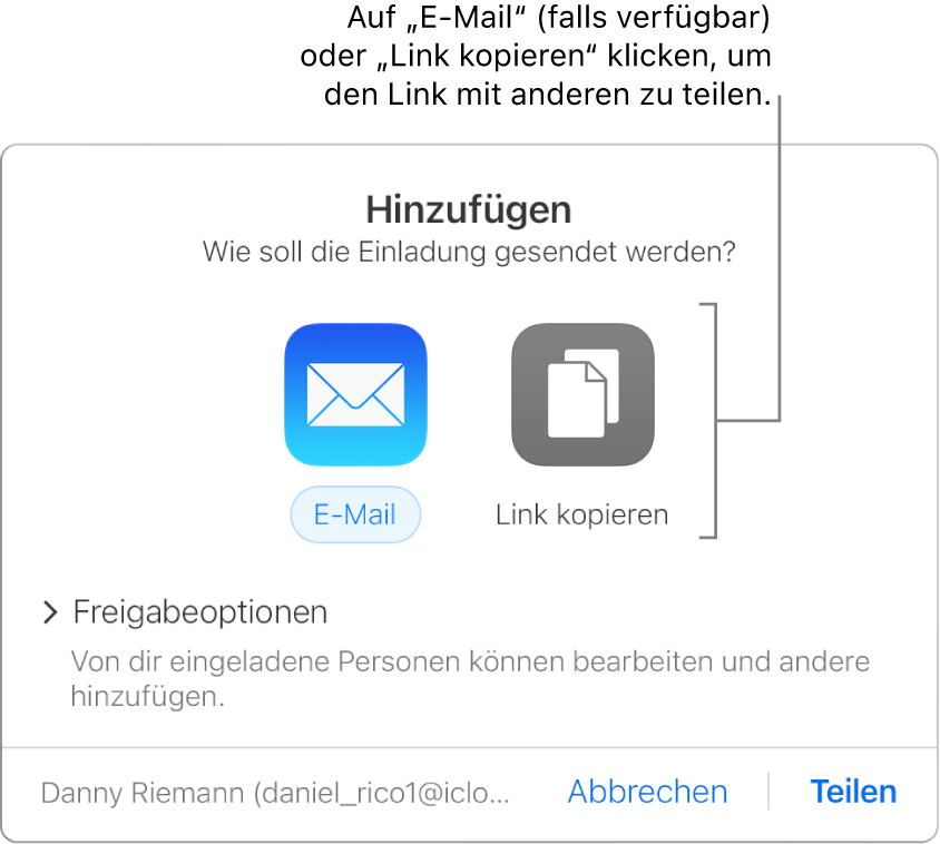 Das Fenster, das erscheint, wenn du in der Symbolleiste auf die Taste „Zusammenarbeit“ klickst (bevor eine Präsentation geteilt wird). Mit den Tasten „E-Mail“ und „Link kopieren“ kannst du festlegen, wie die Präsentation geteilt wird.