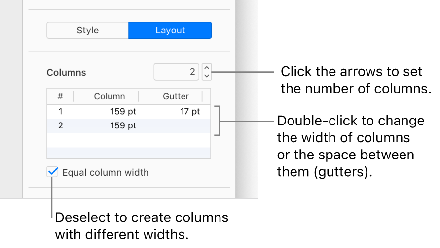 The text column controls in the Layout portion of the Format sidebar.