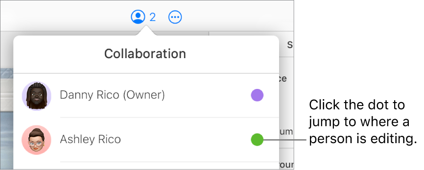 The Collaboration menu open, with two participants and a different color dot to the right of each name.