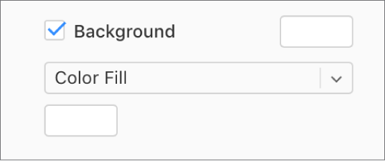 The Background checkbox is selected in the sidebar, and the preset color well to the right of the checkbox is filled with white. Below the checkbox, Color Fill is chosen in a pop-up menu, and below that, the custom color well is filled with white.